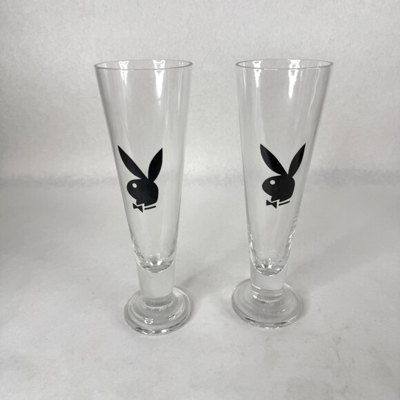 Set Of 2 Playboy Bunny Logo Pilsner Beer Glasses 10” Tall Clear Black Vintage - Picture 1 of 9